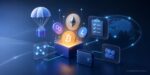 3D illustration of crypto coins emerging from a box with blockchain icons, symbolizing earning free cryptocurrency rewards