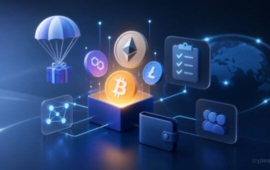 3D illustration of crypto coins emerging from a box with blockchain icons, symbolizing earning free cryptocurrency rewards