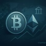 Futuristic digital illustration of Bitcoin and Ethereum logos with blockchain networks, charts, and global finance elements, symbolizing crypto market growth.
