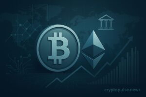 Futuristic digital illustration of Bitcoin and Ethereum logos with blockchain networks, charts, and global finance elements, symbolizing crypto market growth.