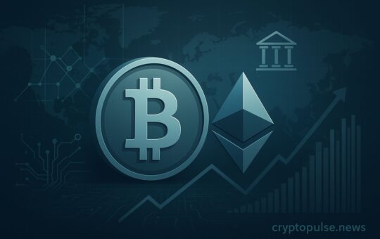 Futuristic digital illustration of Bitcoin and Ethereum logos with blockchain networks, charts, and global finance elements, symbolizing crypto market growth.