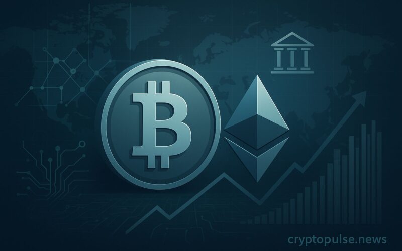 Futuristic digital illustration of Bitcoin and Ethereum logos with blockchain networks, charts, and global finance elements, symbolizing crypto market growth.