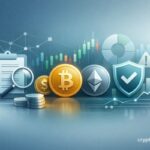 Crypto project analysis concept with checklist, magnifying glass, Bitcoin, Ethereum, charts, and security indicators