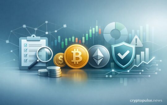 Crypto project analysis concept with checklist, magnifying glass, Bitcoin, Ethereum, charts, and security indicators