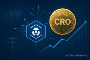 Futuristic digital illustration showing Crypto.com logo and Cronos (CRO) coin with blockchain network and upward financial chart, symbolizing Trump Media’s $105M deal.