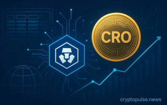 Futuristic digital illustration showing Crypto.com logo and Cronos (CRO) coin with blockchain network and upward financial chart, symbolizing Trump Media’s $105M deal.