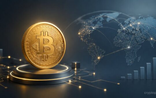 Bitcoin coin with global blockchain network and financial growth chart illustrating digital finance