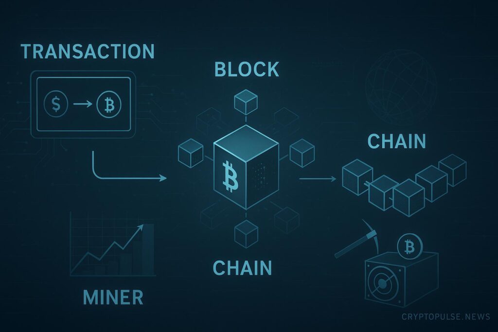 Infographic showing how Bitcoin transactions are verified by miners and added to the blockchain ledger