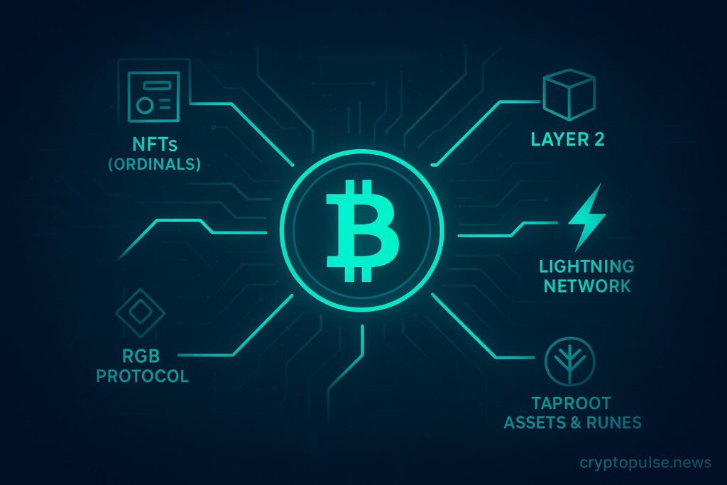 Bitcoin as a central hub with connected branches for innovations like NFTs, Lightning Network, Taproot Assets, Runes, and RGB protocol