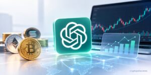 ChatGPT logo with Bitcoin and Ethereum coins, crypto trading charts, and an AI-powered market analytics dashboard.