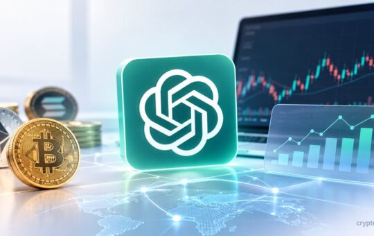 ChatGPT logo with Bitcoin and Ethereum coins, crypto trading charts, and an AI-powered market analytics dashboard.