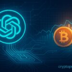 Futuristic illustration showing the ChatGPT logo, Bitcoin symbol, blockchain circuits, and market charts, representing AI-assisted crypto trading and investing.