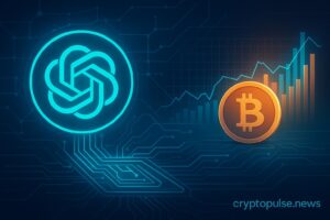 Futuristic illustration showing the ChatGPT logo, Bitcoin symbol, blockchain circuits, and market charts, representing AI-assisted crypto trading and investing.