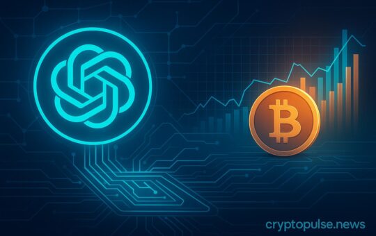 Futuristic illustration showing the ChatGPT logo, Bitcoin symbol, blockchain circuits, and market charts, representing AI-assisted crypto trading and investing.