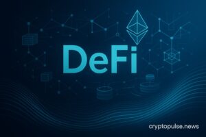 Futuristic illustration representing DeFi with blockchain networks, connected nodes, and digital finance elements.