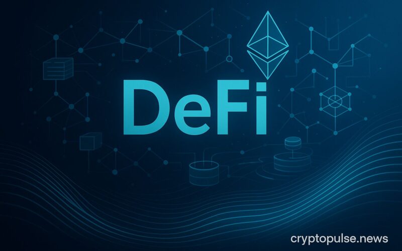Futuristic illustration representing DeFi with blockchain networks, connected nodes, and digital finance elements.