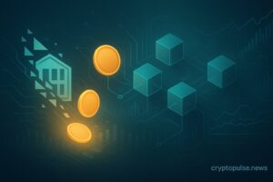 Abstract illustration showing real-world assets being converted into digital tokens on a blockchain, symbolizing the process of asset tokenization.