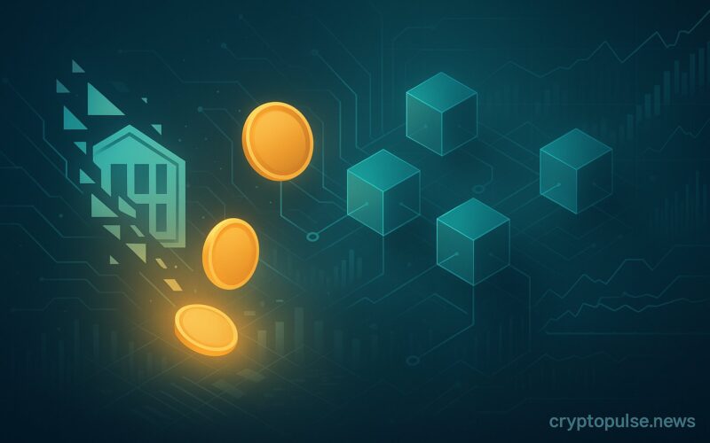 Abstract illustration showing real-world assets being converted into digital tokens on a blockchain, symbolizing the process of asset tokenization.