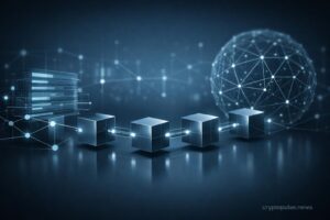 Abstract visualization of blockchain technology showing linked data blocks, cryptographic nodes, and a distributed digital ledger network.