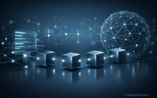 Abstract visualization of blockchain technology showing linked data blocks, cryptographic nodes, and a distributed digital ledger network.