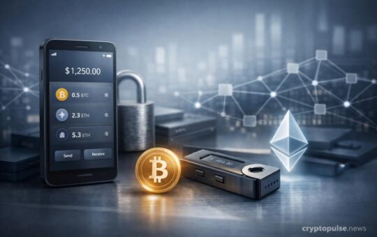 Illustration of a secure cryptocurrency wallet setup with a mobile crypto wallet app, a hardware wallet device, and Bitcoin and Ethereum symbols representing safe crypto storage for beginners