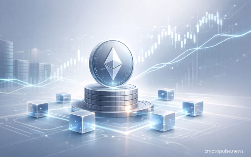 Ethereum coin on a digital pedestal with blockchain cubes and rising market chart in a clean futuristic finance interface, symbolizing institutional ETH accumulation during market volatility