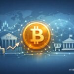 Minimal futuristic illustration of Bitcoin adoption showing a central Bitcoin symbol connected to banks, institutions, merchants, and governments through a global digital network.