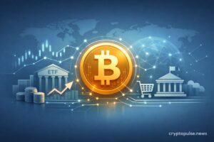 Minimal futuristic illustration of Bitcoin adoption showing a central Bitcoin symbol connected to banks, institutions, merchants, and governments through a global digital network.