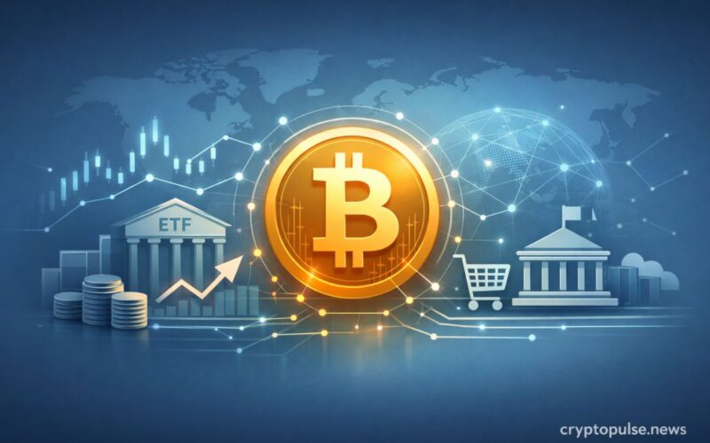 Minimal futuristic illustration of Bitcoin adoption showing a central Bitcoin symbol connected to banks, institutions, merchants, and governments through a global digital network.