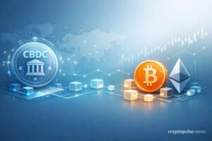 Concept illustration showing a central bank digital currency (CBDC) alongside Bitcoin and Ethereum within a modern digital finance network.