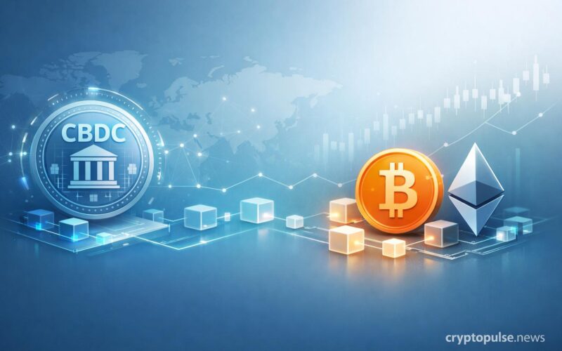 Concept illustration showing a central bank digital currency (CBDC) alongside Bitcoin and Ethereum within a modern digital finance network.