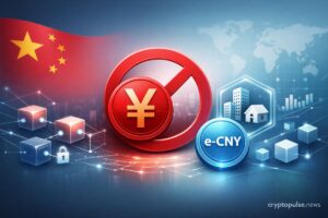 Futuristic illustration of China restricting renminbi stablecoins and tokenized assets, featuring a yuan symbol with prohibition sign, blockchain network elements, and digital yuan icon.