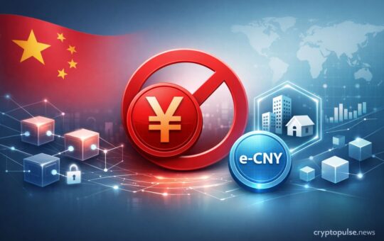 Futuristic illustration of China restricting renminbi stablecoins and tokenized assets, featuring a yuan symbol with prohibition sign, blockchain network elements, and digital yuan icon.