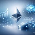 Futuristic Ethereum illustration with blockchain network, circuit elements and growth chart representing 2026 scaling, smarter wallets and quantum security roadmap.