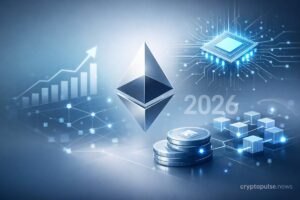 Futuristic Ethereum illustration with blockchain network, circuit elements and growth chart representing 2026 scaling, smarter wallets and quantum security roadmap.