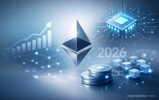 Futuristic Ethereum illustration with blockchain network, circuit elements and growth chart representing 2026 scaling, smarter wallets and quantum security roadmap.