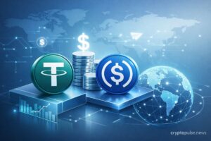 Futuristic illustration of USDT and USDC stablecoins with digital dollar symbols, global network connections, and financial charts representing payments, savings, and cross-border transactions.