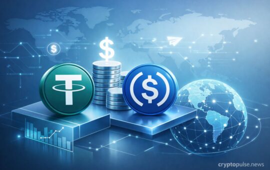 Futuristic illustration of USDT and USDC stablecoins with digital dollar symbols, global network connections, and financial charts representing payments, savings, and cross-border transactions.