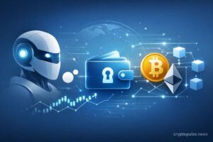 AI agent managing a non-custodial crypto wallet with Bitcoin and Ethereum symbols connected to a blockchain network and digital finance interface.