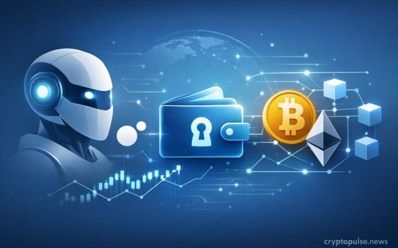 AI agent managing a non-custodial crypto wallet with Bitcoin and Ethereum symbols connected to a blockchain network and digital finance interface.