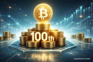 Strategy’s 100th Bitcoin purchase visualized with stacked BTC coins, digital ledger platform, and rising market chart in a clean futuristic finance style.