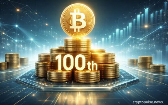 Strategy’s 100th Bitcoin purchase visualized with stacked BTC coins, digital ledger platform, and rising market chart in a clean futuristic finance style.