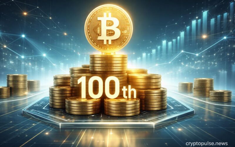 Strategy’s 100th Bitcoin purchase visualized with stacked BTC coins, digital ledger platform, and rising market chart in a clean futuristic finance style.