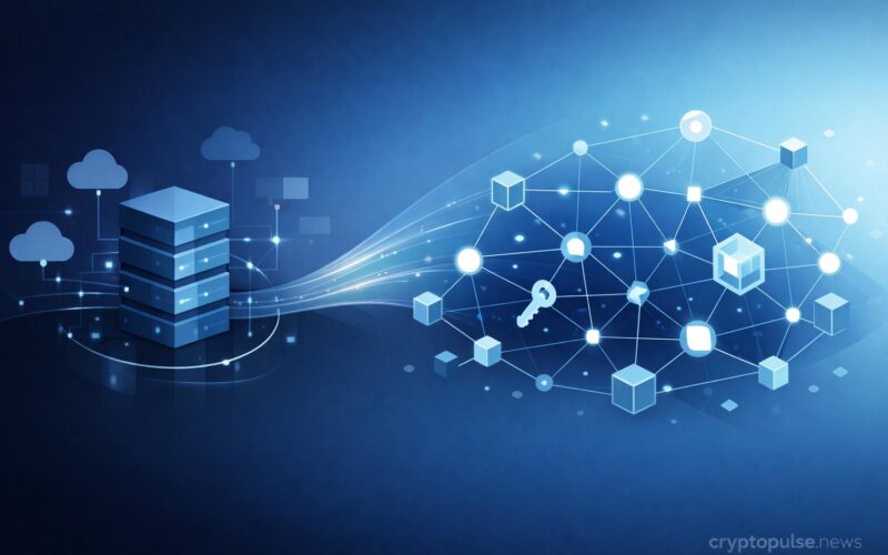 Illustration showing the transition from centralized internet platforms to decentralized Web3 networks