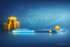 Bitcoin mining supply milestone illustration showing 20 million BTC mined progress toward the 21 million total cap.