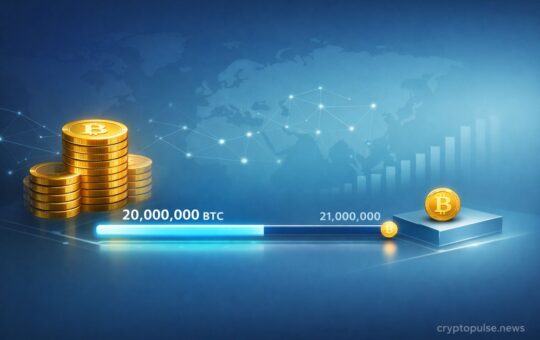 Bitcoin mining supply milestone illustration showing 20 million BTC mined progress toward the 21 million total cap.