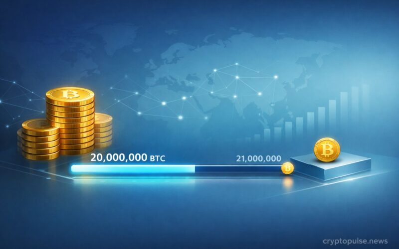 Bitcoin mining supply milestone illustration showing 20 million BTC mined progress toward the 21 million total cap.
