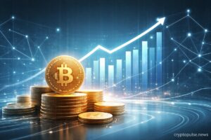 Bitcoin coins with rising chart illustrating $1B crypto fund inflows and renewed institutional demand
