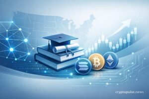 US map, blockchain network, crypto coins and graduation cap symbolize DeFi education growth and demand for blockchain skills