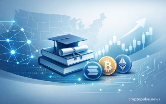 US map, blockchain network, crypto coins and graduation cap symbolize DeFi education growth and demand for blockchain skills